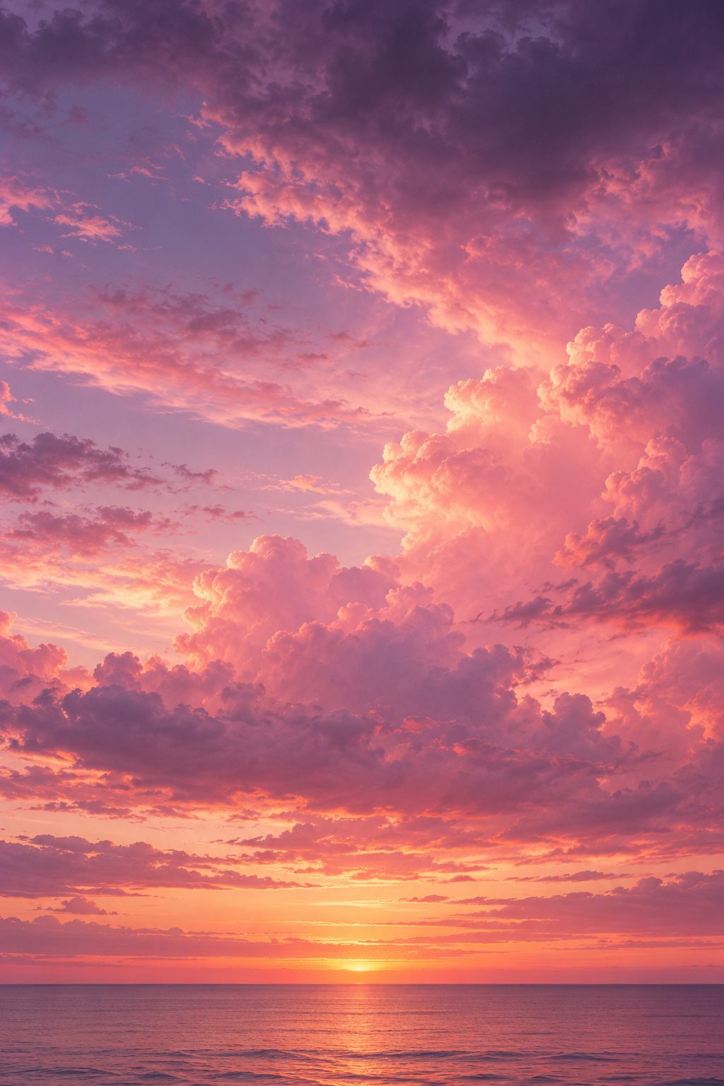 A pink and lilac cotton-candy sunset sky over a calm sea