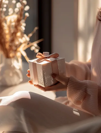 Hands holding a small blush gift box tied with a satin ribbon in soft sunlight