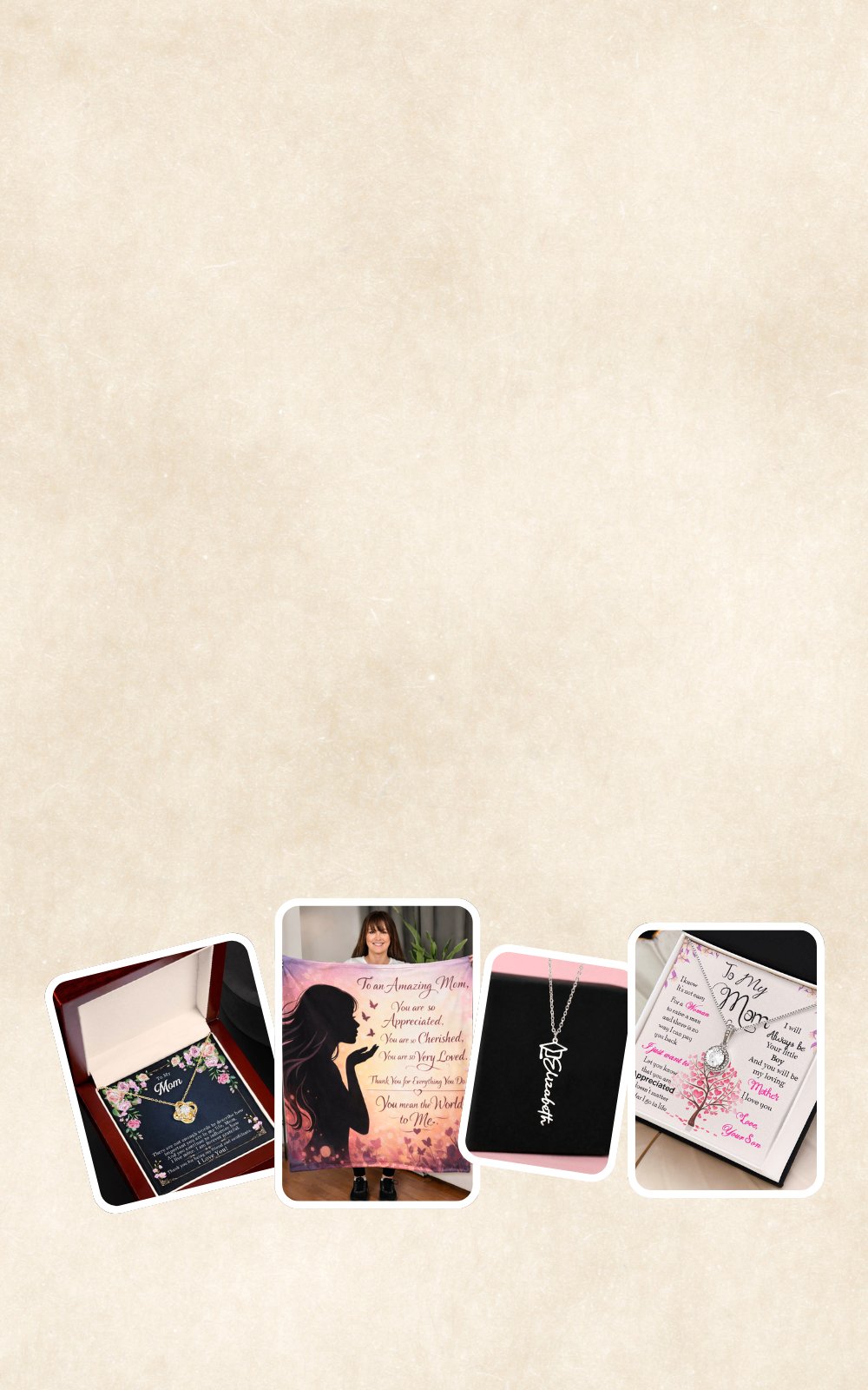 Polaroid photos on parchment: a pink “Amazing Mom” blanket, a name necklace in its box, a woman wearing her necklace and a “Mom” message-card necklace