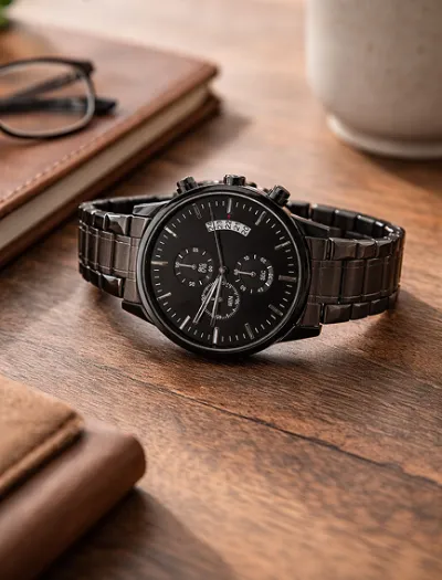 A black chronograph gift watch resting on a wooden desk beside a leather notebook
